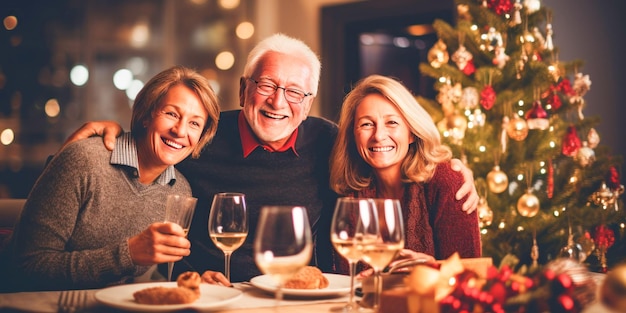 familia sentada en el restaurante en Navidad