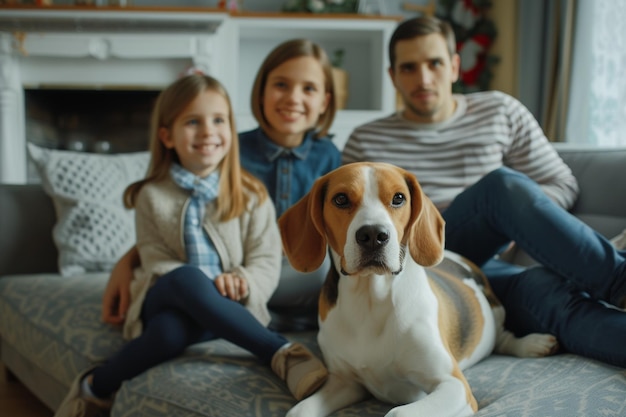 Una familia sentada en un sofá con una IA generativa de perros