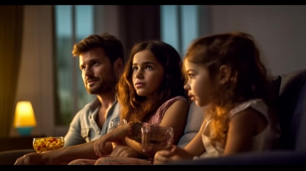 Familia sentada en un sofá en el salón diáfano viendo la televisión