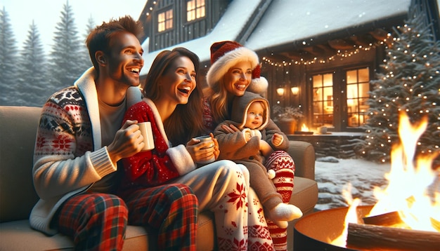 Familia sentada en un sofá viendo una fogata riendo juntos bebiendo té caliente vistiendo Navidad