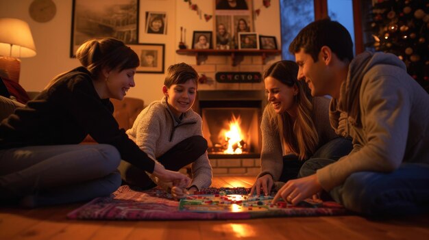 Foto una familia está sentada en el suelo frente a una chimenea jugando un juego de mesa aig