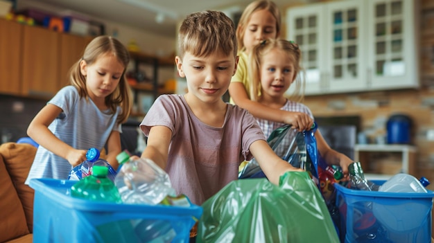 Familia separando los materiales reciclables en el hogar