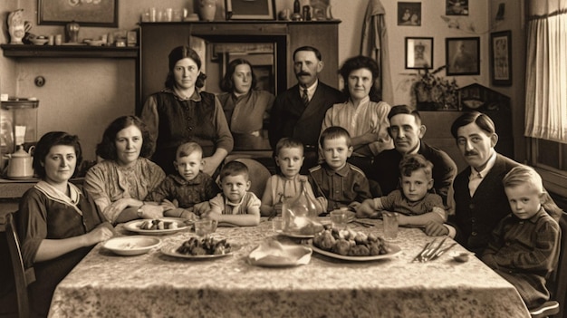 Una familia se sienta alrededor de una mesa con comida.