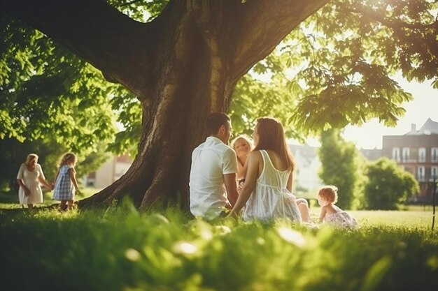 una familia se sienta bajo un árbol en un parque