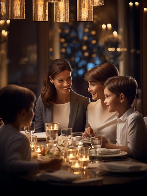 Una familia se sienta en una mesa de cena con una vela en el fondo.
