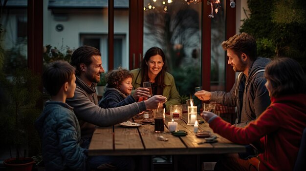 una familia se sienta en una mesa y habla entre sí.