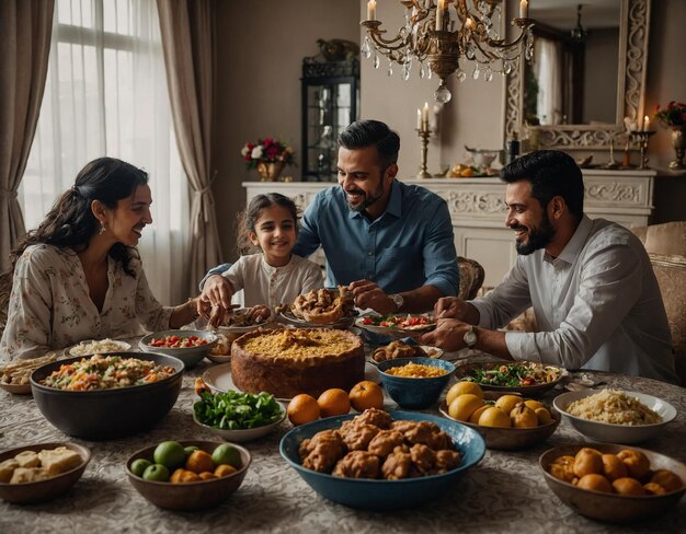 una familia se sienta en una mesa con una mesa llena de comida