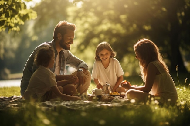 Una familia se sienta en un parque y come.