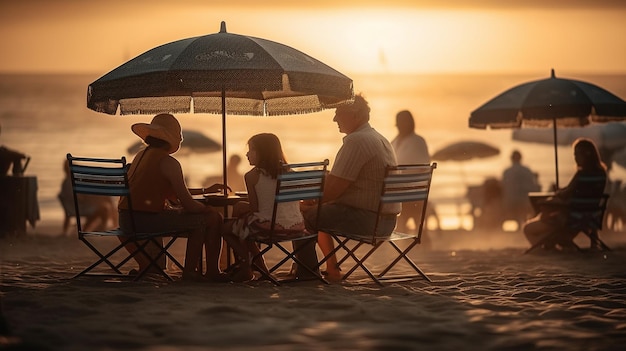 Una familia se sienta en una playa bajo una sombrilla al atardecer.