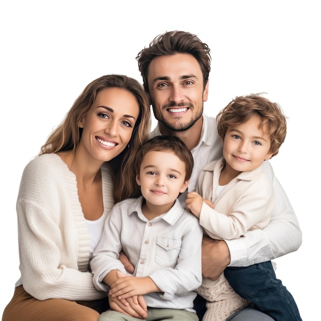 Una familia se sienta sobre un fondo blanco.