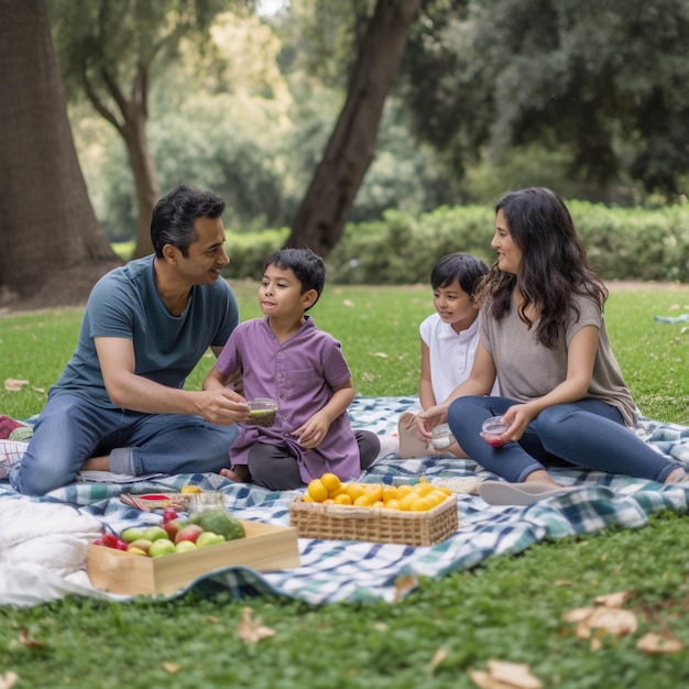 Foto una familia se sienta sobre una manta en un parque, con una canasta de frutas en el suelo.