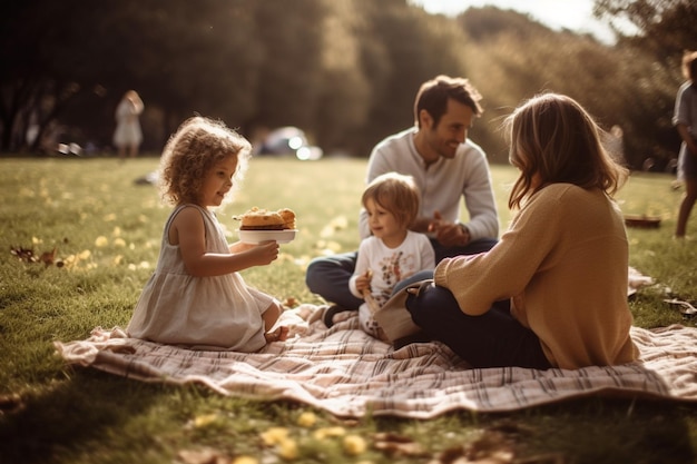 Una familia se sienta sobre una manta en un parque, uno de ellos sostiene una magdalena.