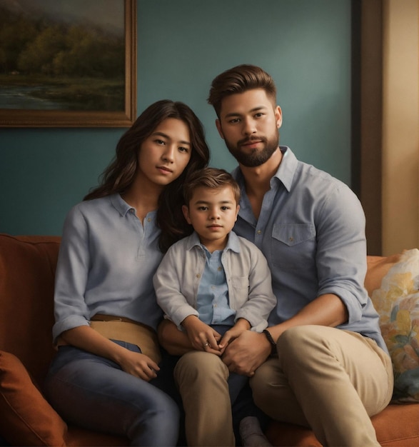 una familia se sienta en un sofá con una pintura detrás de ellos