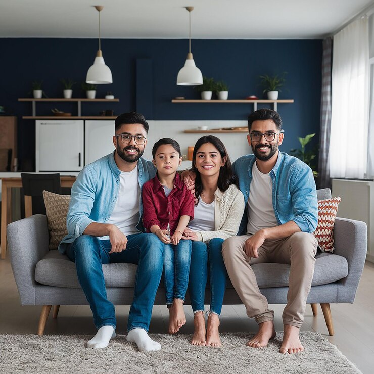 una familia se sienta en un sofá en una sala de estar