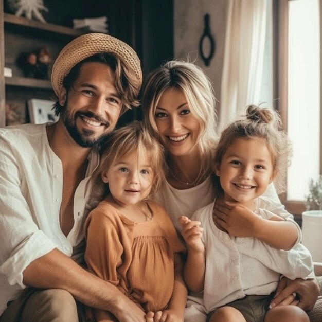 Una familia se sienta en un sofá y sonríe a la cámara.