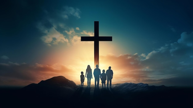 Familia de silueta y cruz cristiana para orar religión y reunión social funeraria