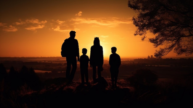 La familia silueteada observa cómo el sol desaparece bajo el horizonte