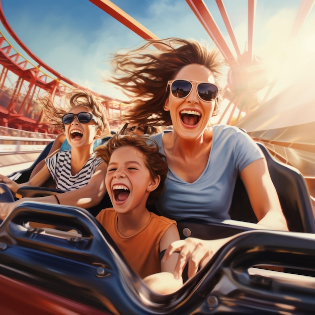 familia sonriendo en una montaña rusa de alta velocidad