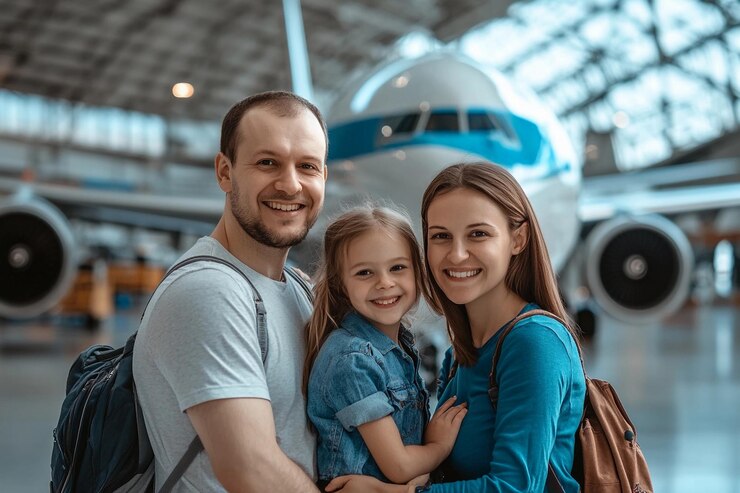 Familia sonriendo en la terminal del aeropuerto antes de abordar su vuelo juntos IA generativa