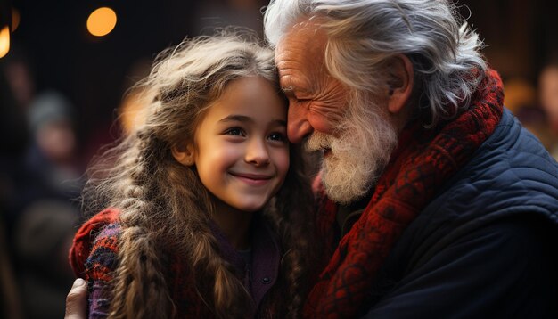 Foto familia sonriente abrazando al aire libre amor y felicidad en invierno generados por inteligencia artificial