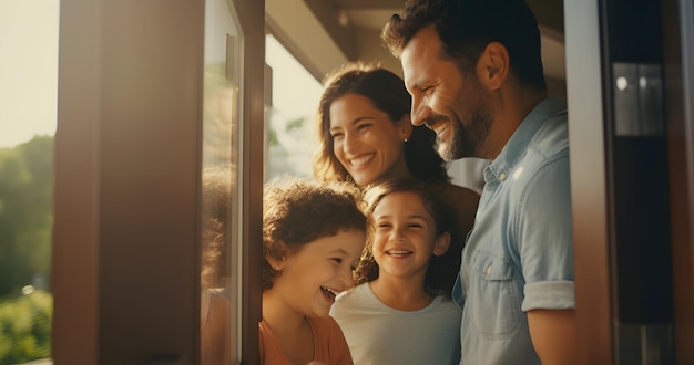 Una familia sonriente abriendo la puerta de su nueva casa después de obtener una hipoteca