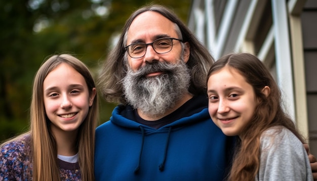 Familia sonriente al aire libre niñas y niños alegres abrazando la naturaleza juntos generados por inteligencia artificial