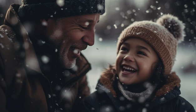 Una familia sonriente disfruta de la diversión invernal al aire libre generada por IA