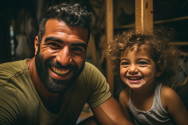 familia sonriente entusiasta padre e hija riendo retrato en primer plano