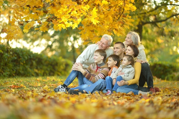 Familia sonriente feliz relajante en el parque otoño