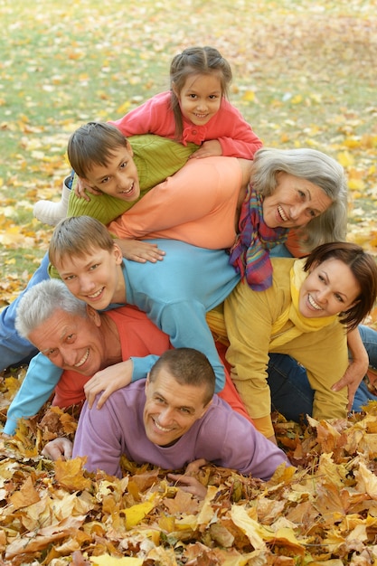 Familia sonriente feliz relajante en el parque otoño