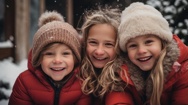 Familia sonriente jugando juntos en el patio nevado