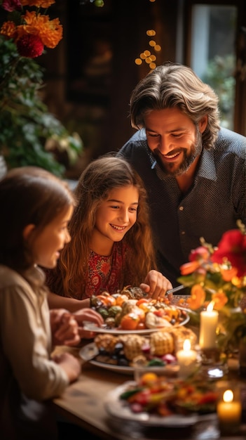 Una familia sonriente reunida alrededor de una tabla bellamente decorada.