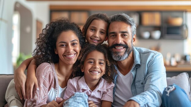 Familia sonriente en la sala de estar