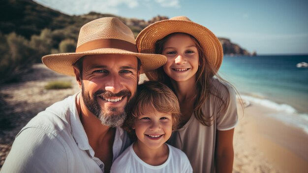 Familia sonriente con sombreros en la playa Vacaciones familiares en la costa jónica