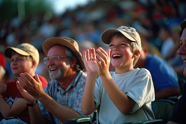 Foto familia sonriente viendo un partido de béisbol