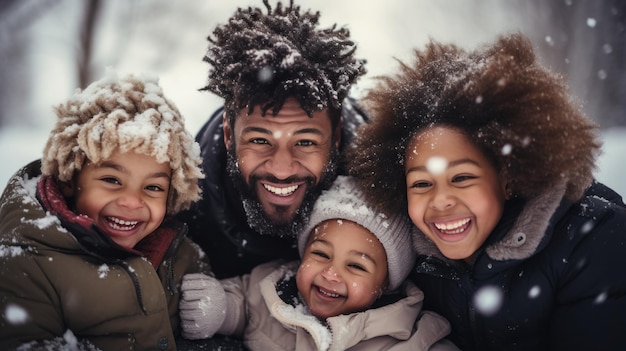 Família sorridente brincando juntos no quintal nevado