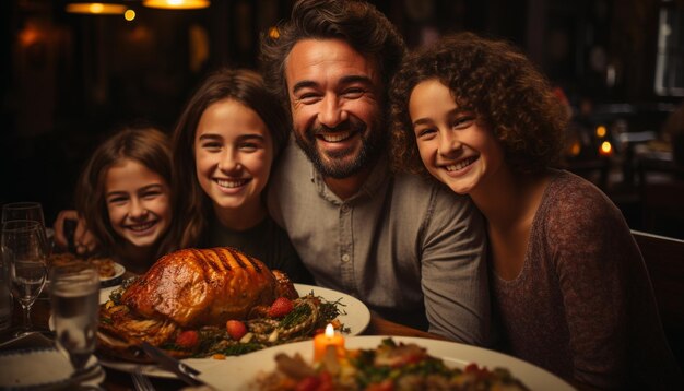Foto família sorridente desfrutando de uma refeição olhando para a câmera cheia de felicidade gerada pela inteligência artificial