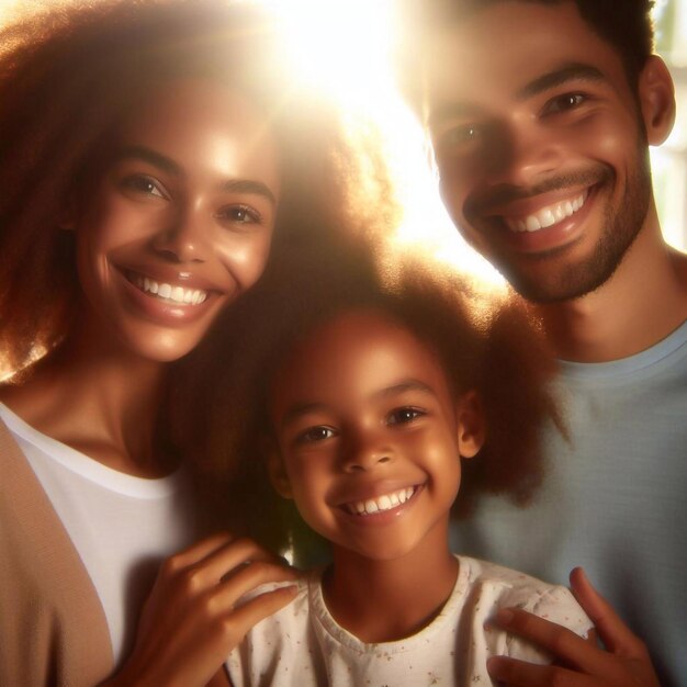 Família sorridente e feliz com uma ou duas crianças no pôr-do-sol contra a luz