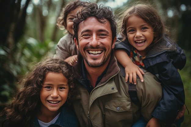 Família sorridente na Colômbia com IA generativa