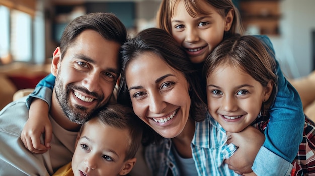 Família sorridente na sala de estar