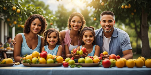 Foto família sorridente sentada ao ar livre segurando frutas à mesa