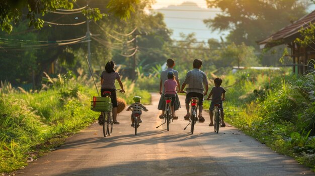 Foto una familia tailandesa de cuatro personas en bicicleta juntos en un paisaje rural pintoresco que muestra unidad y una vida consciente de la salud