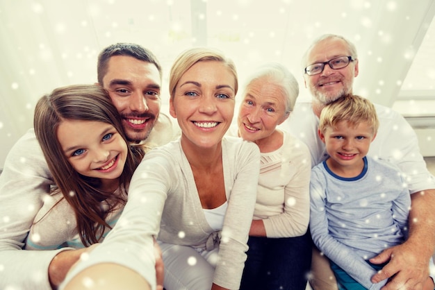 Família, tecnologia, geração e conceito de pessoas - família feliz sentada no sofá e tirando auto-retrato com câmera ou smartphone em casa