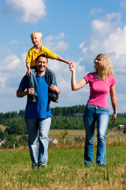 Família, tendo, passeio, ligado, prado