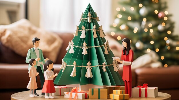 Familia teniendo una fiesta de Navidad con árbol de Navidad y regalos estilo Origami