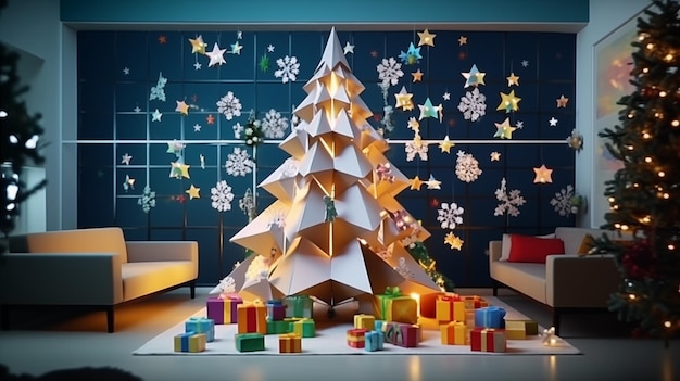 Familia teniendo una fiesta de Navidad con árbol de Navidad y regalos estilo Origami