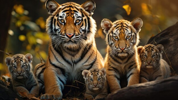 Familia de tigres en estado salvaje.