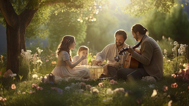 una familia tocando la guitarra en el parque