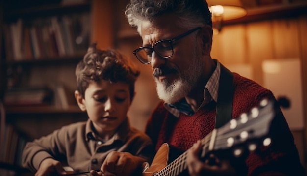 Foto familia tocando la guitarra y sonriendo con unión generada por ia