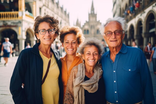 familia tomando una foto con el teléfono móvil al aire libre Padres y abuelos de vacaciones IA generativa